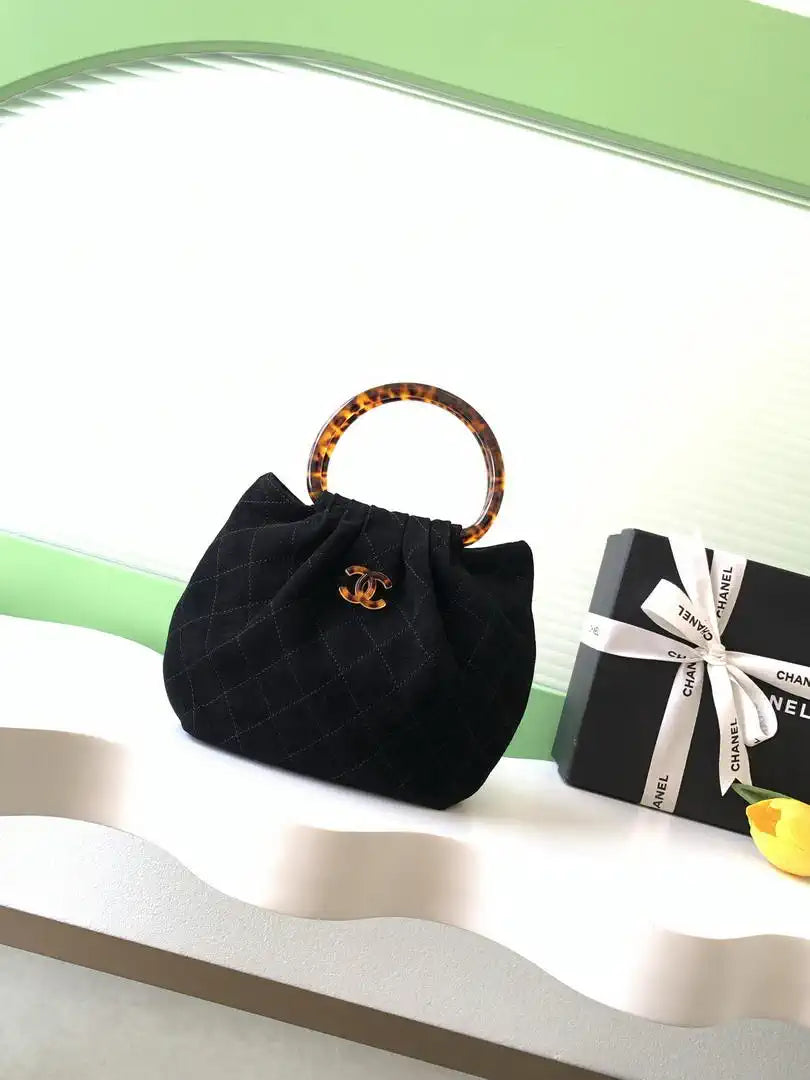 Chanel 26C AS6022 Small Hobo Suede Calfskin Turtoise-Shell Effect Plexi & Gold-Tone Metal Black