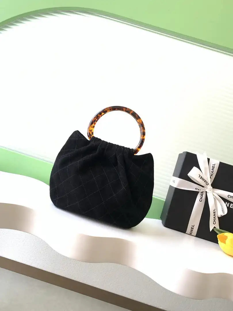 Chanel 26C AS6022 Small Hobo Suede Calfskin Turtoise-Shell Effect Plexi & Gold-Tone Metal Black