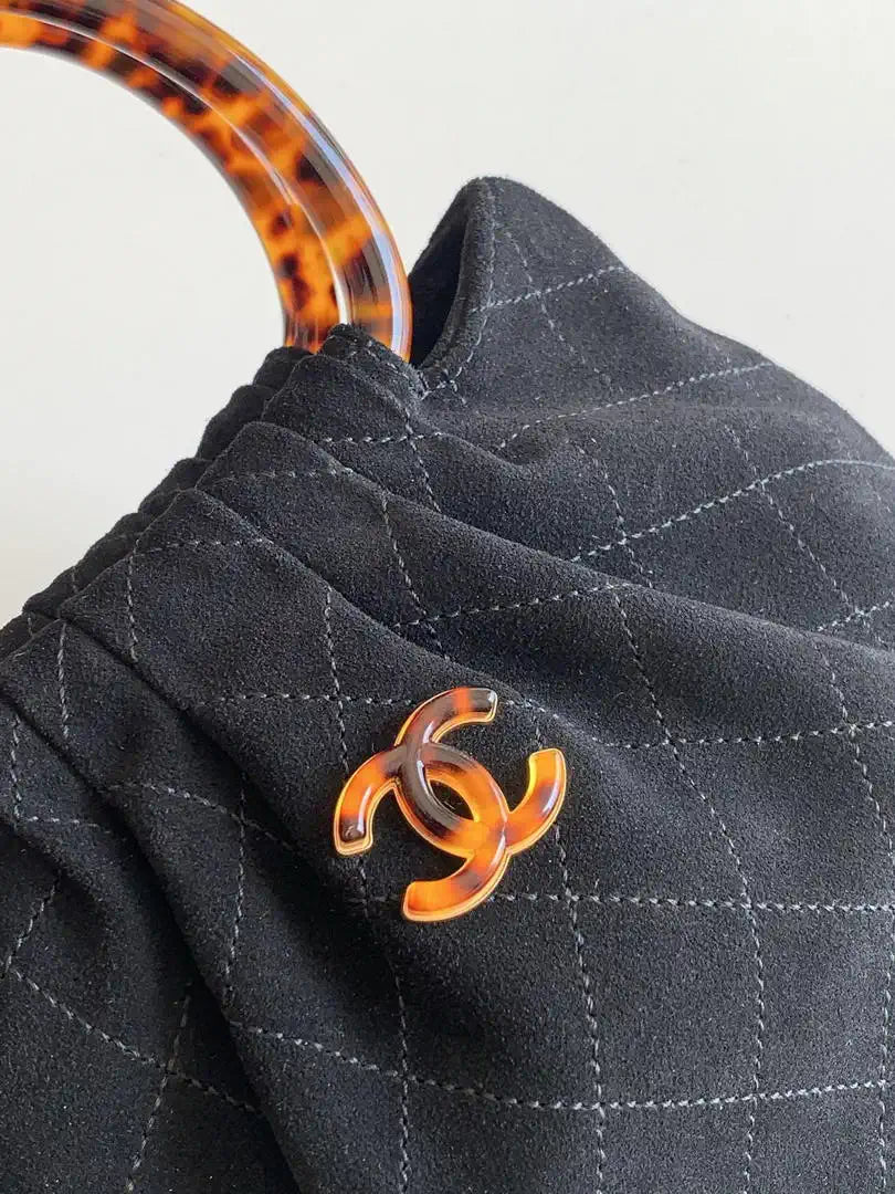 Chanel 26C AS6022 Small Hobo Suede Calfskin Turtoise-Shell Effect Plexi & Gold-Tone Metal Black