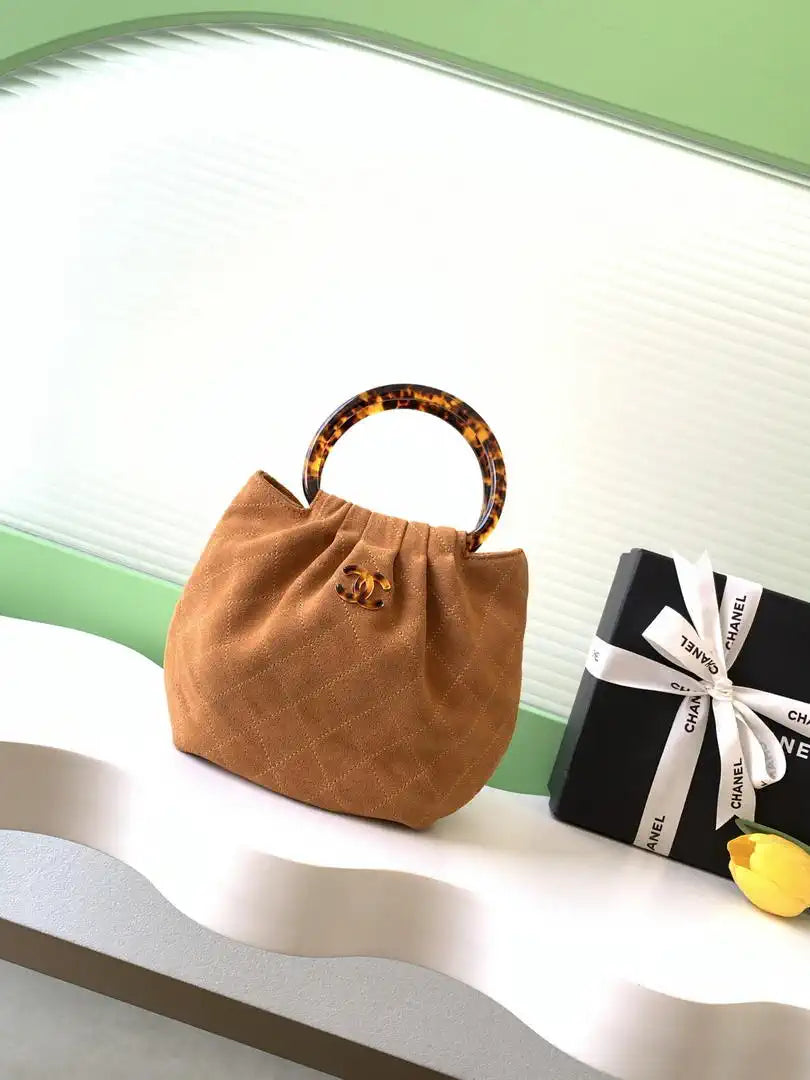 Chanel 26C AS6022 Small Hobo Suede Calfskin Turtoise-Shell Effect Plexi & Gold-Tone Metal earth yellow