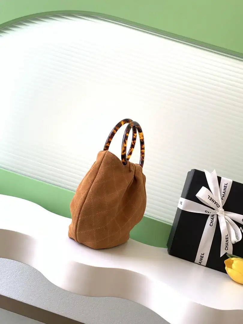 Chanel 26C AS6022 Small Hobo Suede Calfskin Turtoise-Shell Effect Plexi & Gold-Tone Metal earth yellow