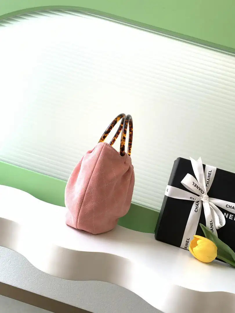 Chanel 26C AS6022 Small Hobo Suede Calfskin Turtoise-Shell Effect Plexi & Gold-Tone Metal Pink