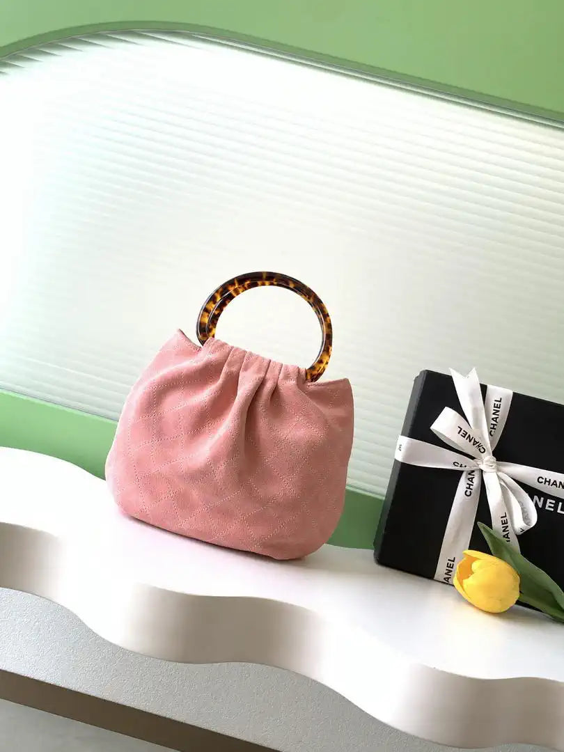 Chanel 26C AS6022 Small Hobo Suede Calfskin Turtoise-Shell Effect Plexi & Gold-Tone Metal Pink
