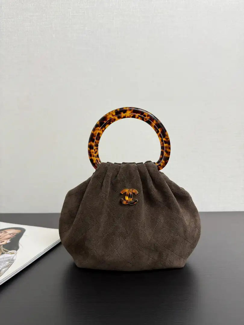 Chanel 26C AS6022 Small Hobo Suede Calfskin Turtoise-Shell Effect Plexi & Gold-Tone Metal Brown