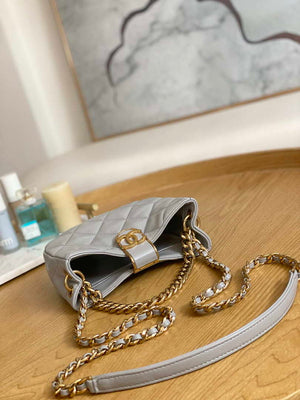 Chanel 3475 Small HOBO Handbag Lambskin & Gold-Tone Metal Light Gray - Default Title - View 6