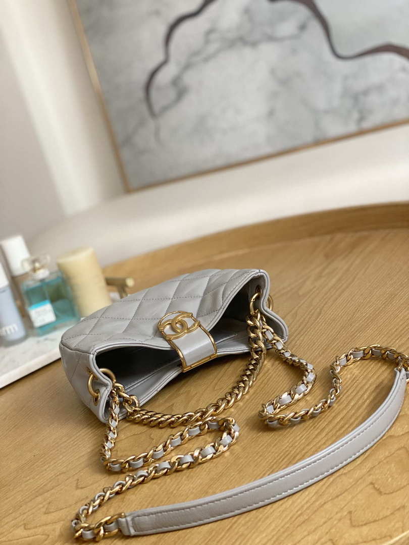 Chanel 3475 Small HOBO Handbag Lambskin & Gold-Tone Metal Light Gray - Default Title - View 6
