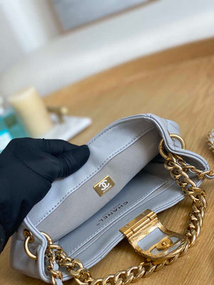Chanel 3475 Small HOBO Handbag Lambskin & Gold-Tone Metal Light Gray - Default Title - View 7