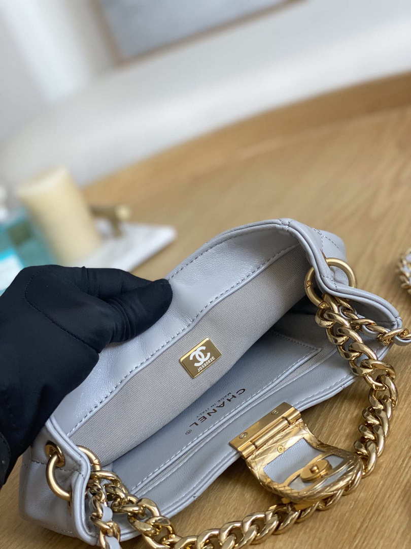 Chanel 3475 Small HOBO Handbag Lambskin & Gold-Tone Metal Light Gray - Default Title - View 7