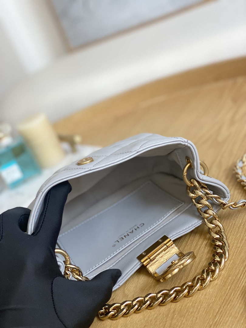Chanel 3475 Small HOBO Handbag Lambskin & Gold-Tone Metal Light Gray - Default Title - View 8