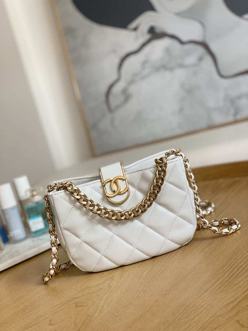 Chanel 3475 Small HOBO Handbag Lambskin & Gold-Tone Metal White - Default Title - View 1