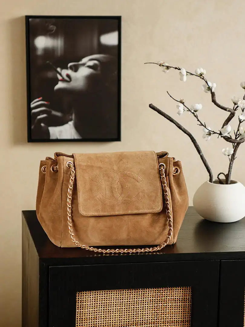 Chanel A00012 Suede Accordion Flap Shopping Bag & Gold-Tone Metal Brown