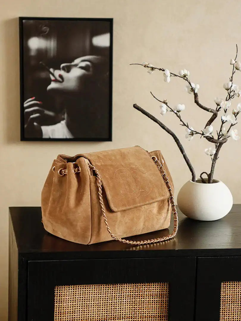 Chanel A00012 Suede Accordion Flap Shopping Bag & Gold-Tone Metal Brown