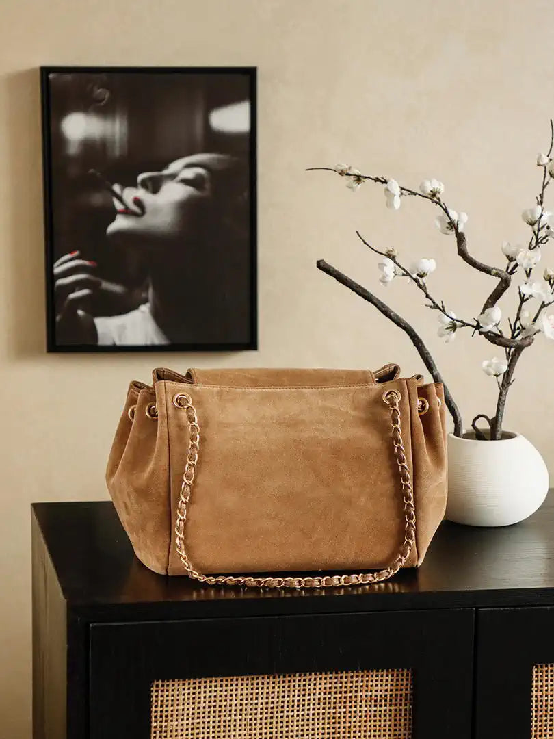 Chanel A00012 Suede Accordion Flap Shopping Bag & Gold-Tone Metal Brown