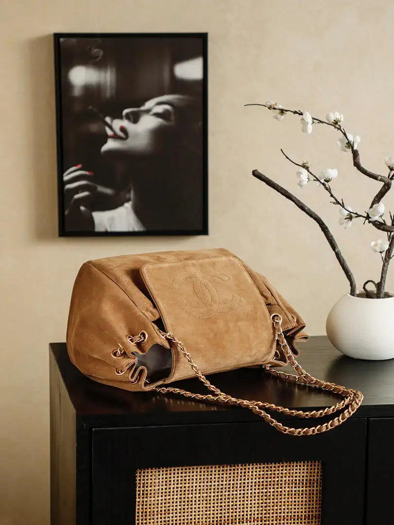 Chanel A00012 Suede Accordion Flap Shopping Bag & Gold-Tone Metal Brown