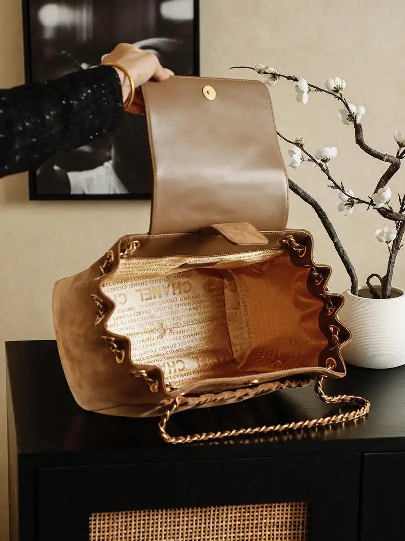 Chanel A00012 Suede Accordion Flap Shopping Bag & Gold-Tone Metal Brown