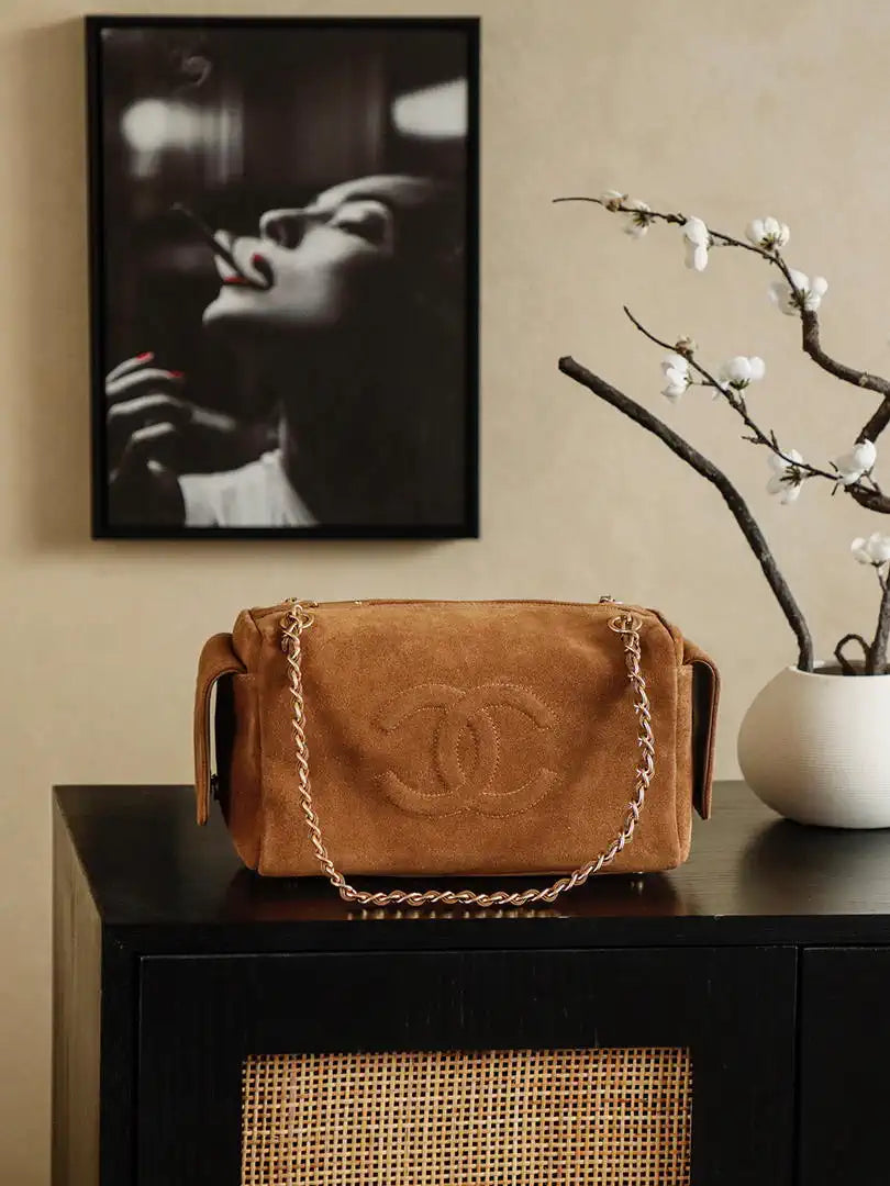Chanel A00013 Suede Accordion Boston  Bag & Gold-Tone Metal Brown