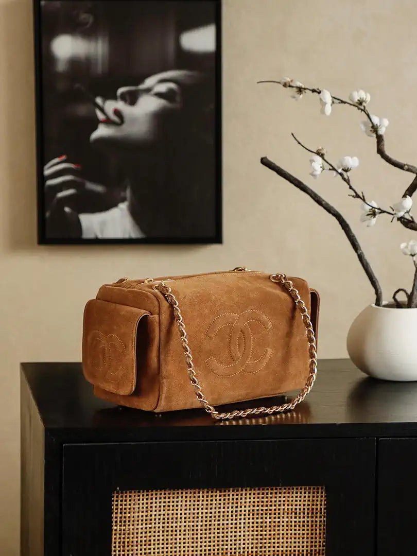 Chanel A00013 Suede Accordion Boston  Bag & Gold-Tone Metal Brown