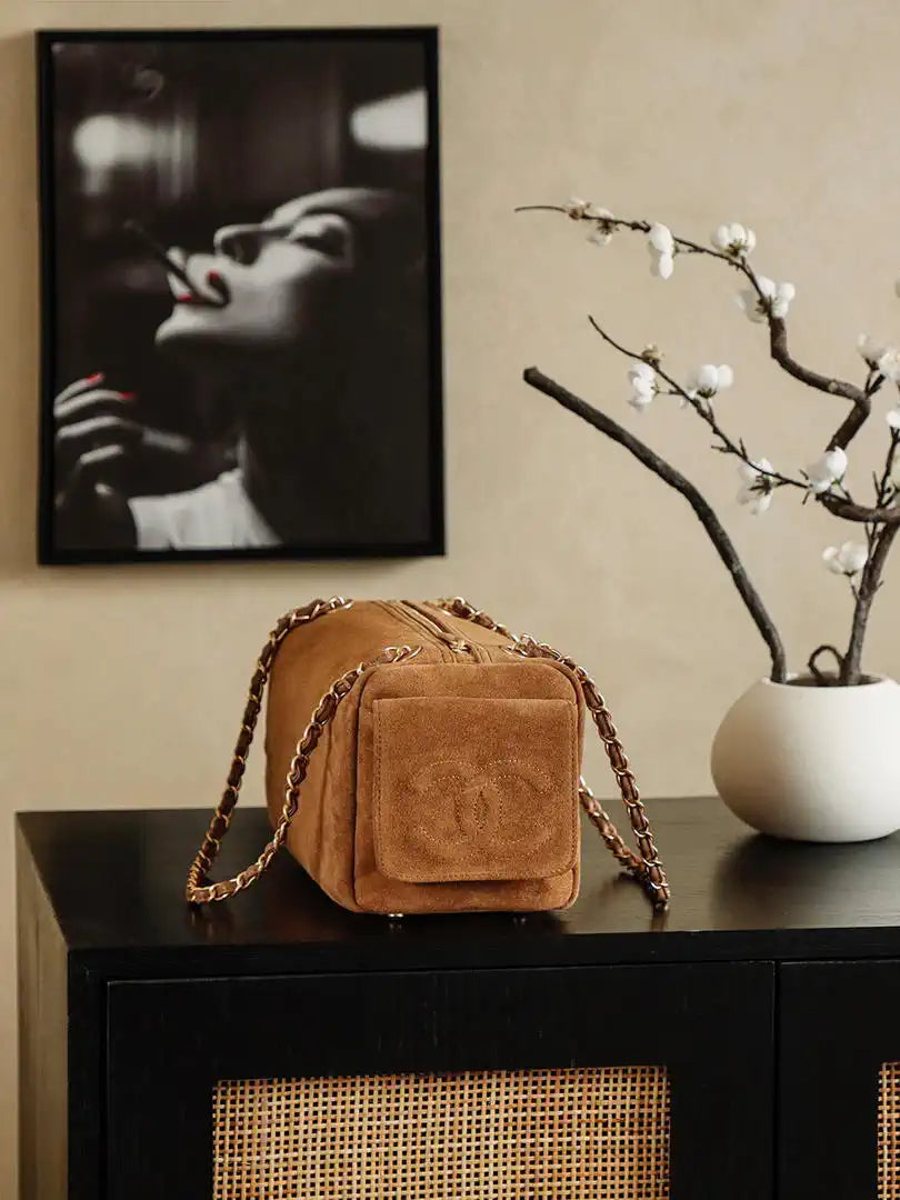 Chanel A00013 Suede Accordion Boston  Bag & Gold-Tone Metal Brown
