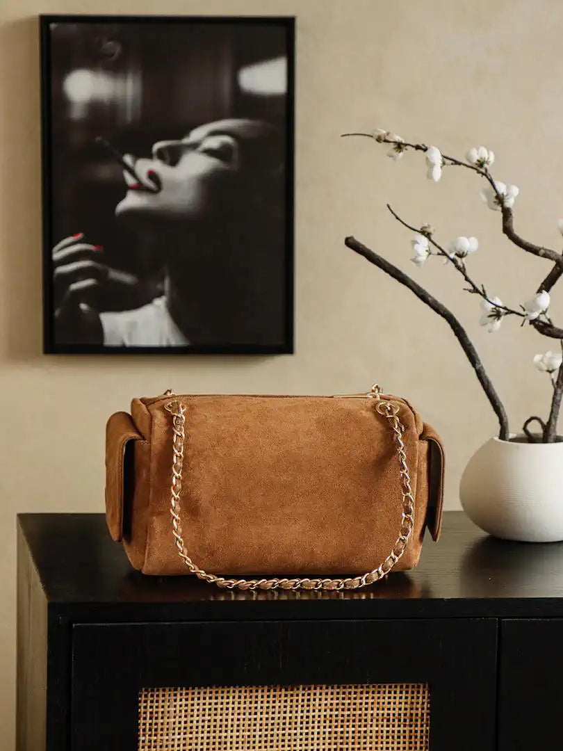 Chanel A00013 Suede Accordion Boston  Bag & Gold-Tone Metal Brown