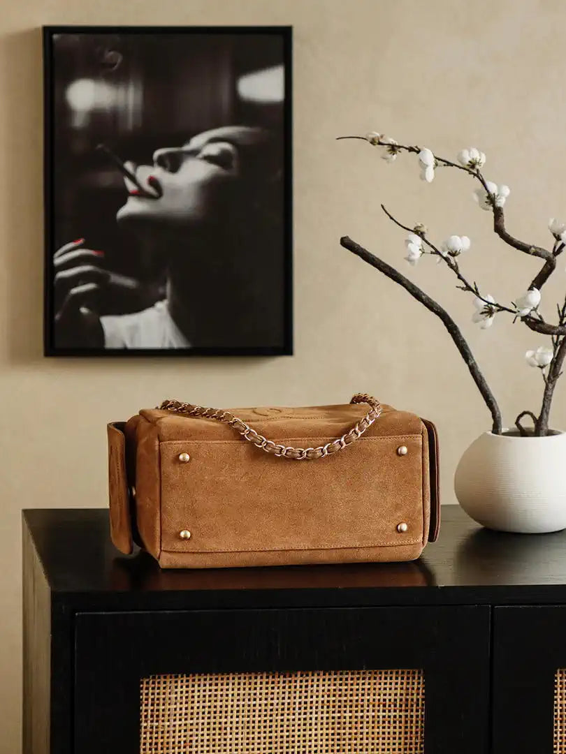 Chanel A00013 Suede Accordion Boston  Bag & Gold-Tone Metal Brown