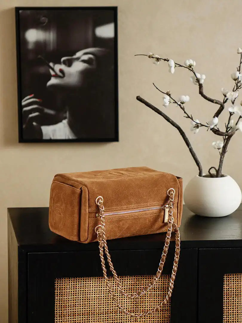 Chanel A00013 Suede Accordion Boston  Bag & Gold-Tone Metal Brown