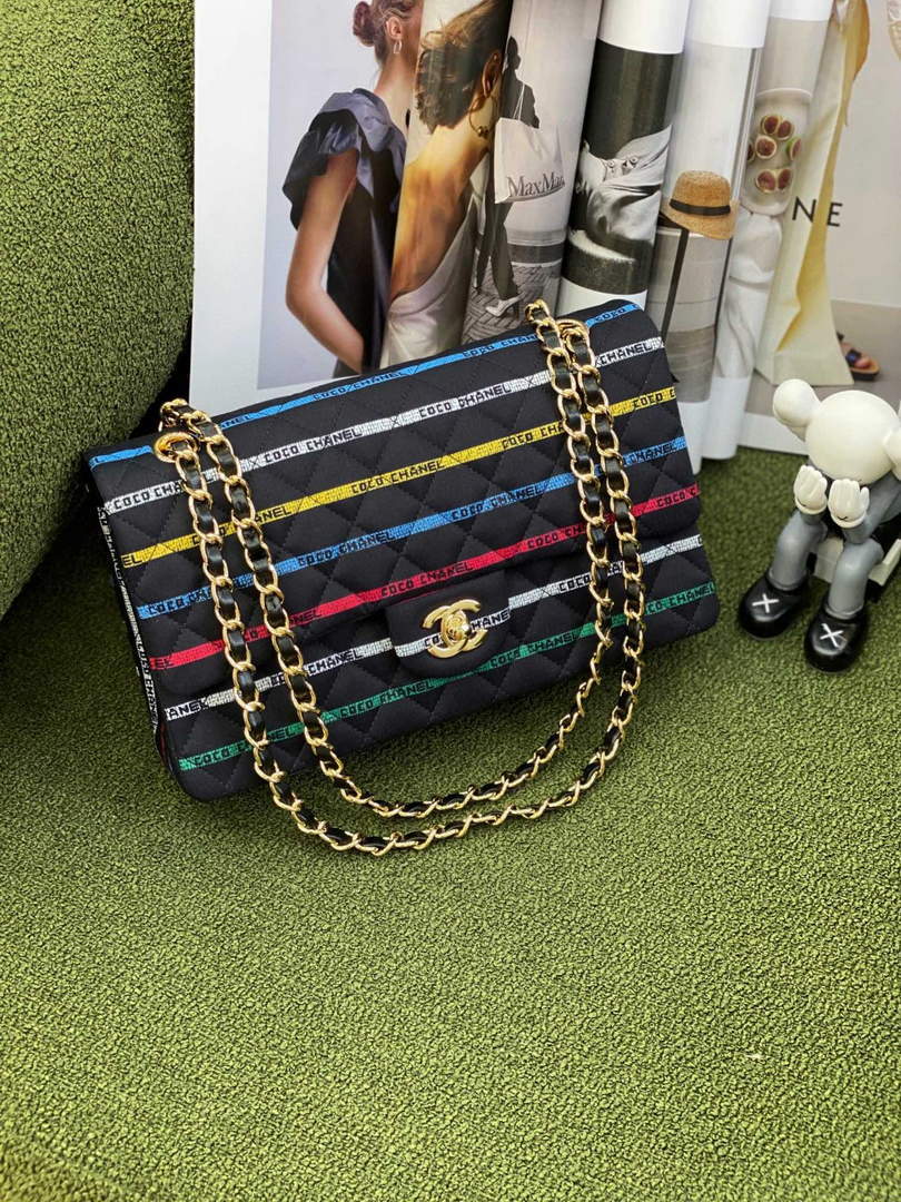 Chanel A01112 Classic Handbag Cotton Goldtone Multicolor and Black - Default Title - View 1