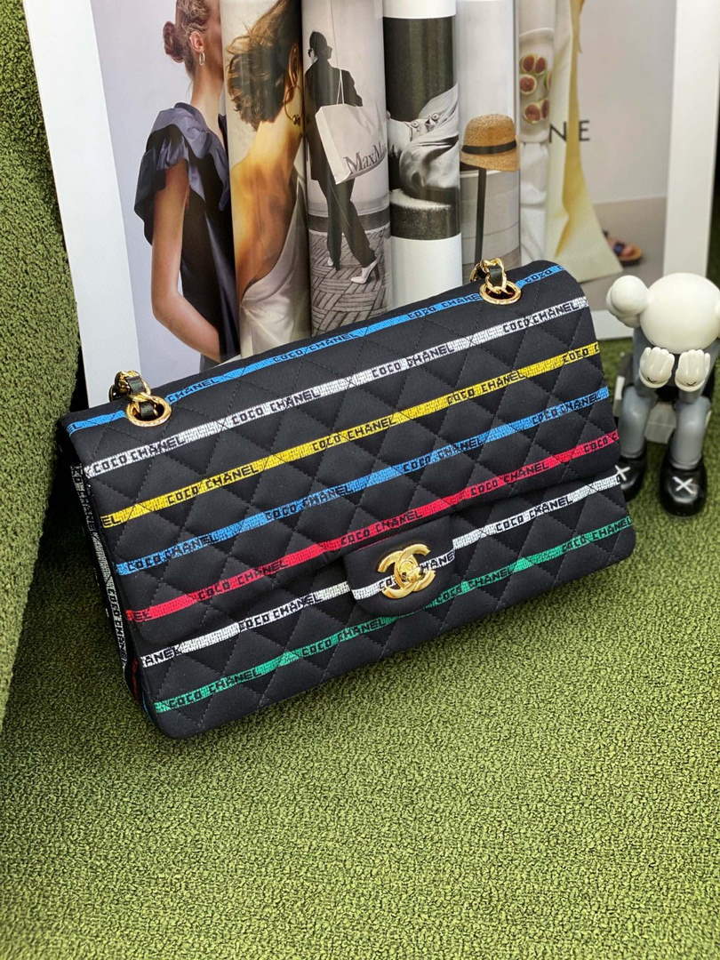 Chanel A01112 Classic Handbag Cotton Goldtone Multicolor and Black
