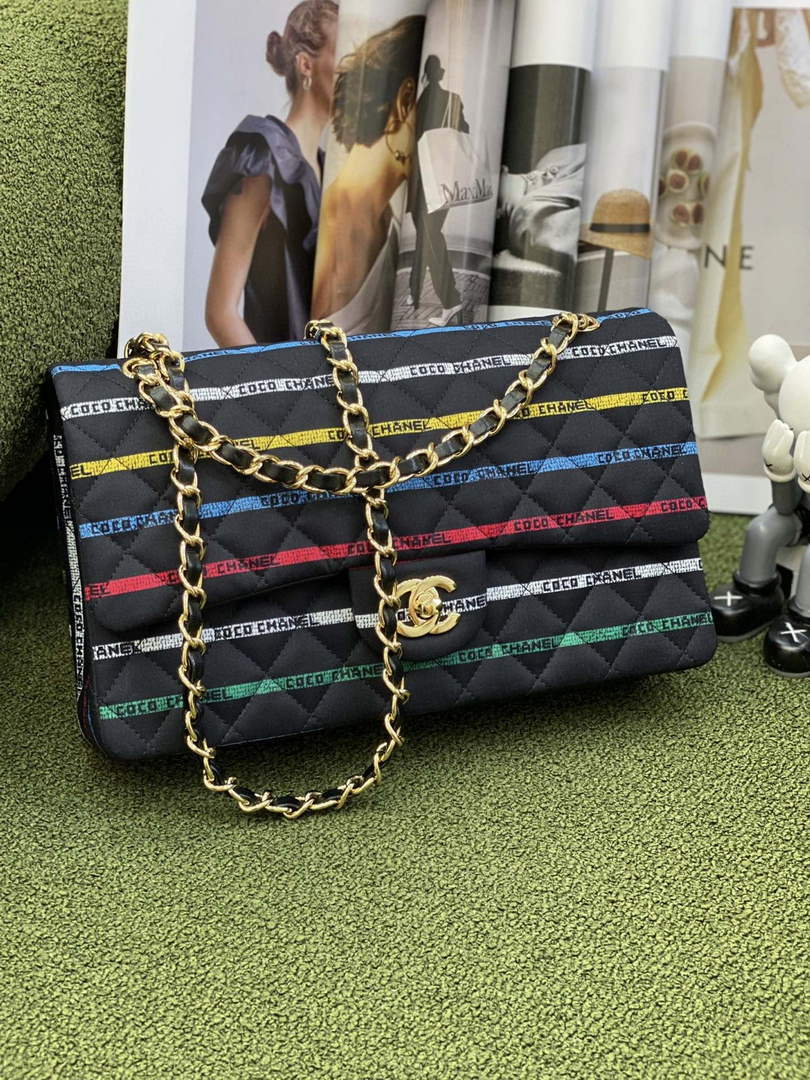 Chanel A01112 Classic Handbag Cotton Goldtone Multicolor and Black