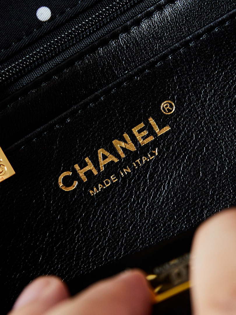 Chanel A01112 Flap Black Fabric Printed with white raindrops