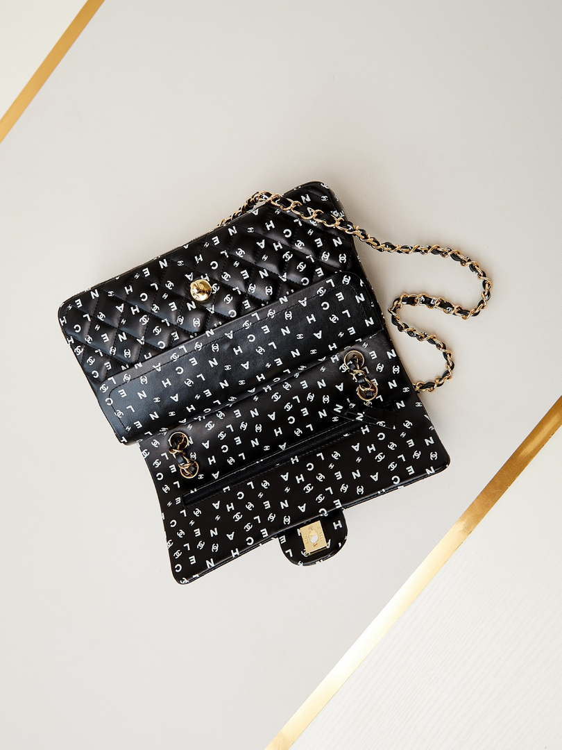 Chanel A01112 Flap Black Lambskin Printed with white CC logo