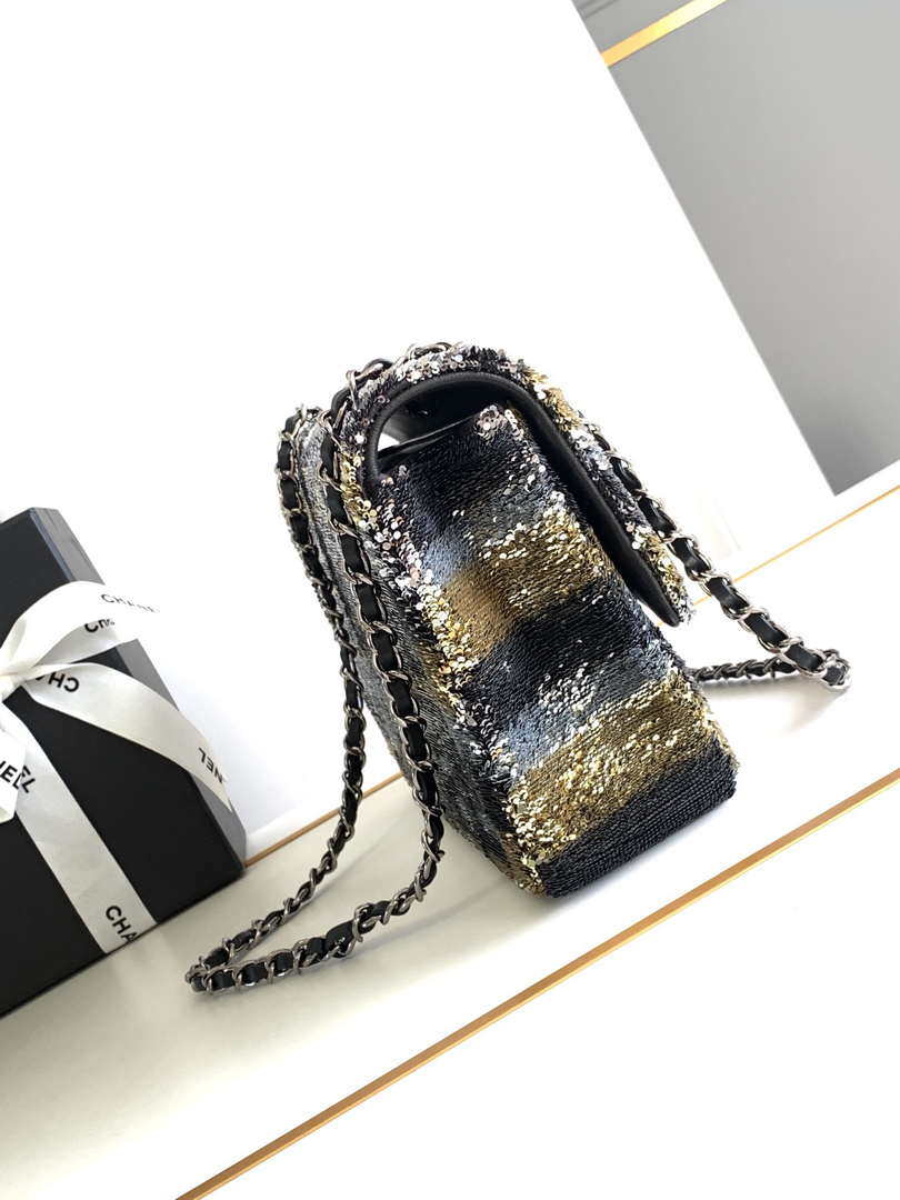 Chanel A01112 Flap Classic 11.12 Handbag 24S letter shape Black shiny sequin - Default Title - View 3