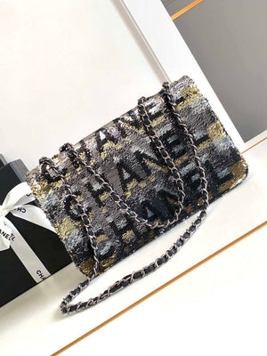 Chanel A01112 Flap Classic 11.12 Handbag 24S letter shape Black shiny sequin - Default Title - View 2