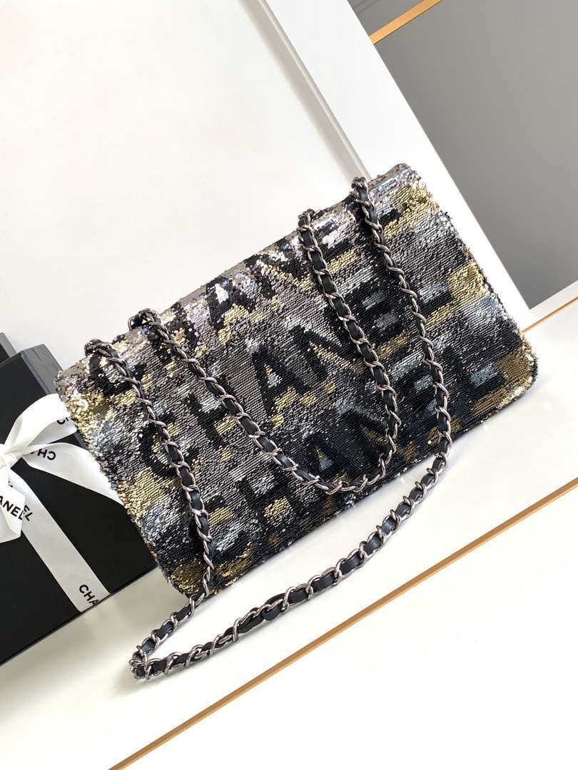 Chanel A01112 Flap Classic 11.12 Handbag 24S letter shape Black shiny sequin - Default Title - View 2