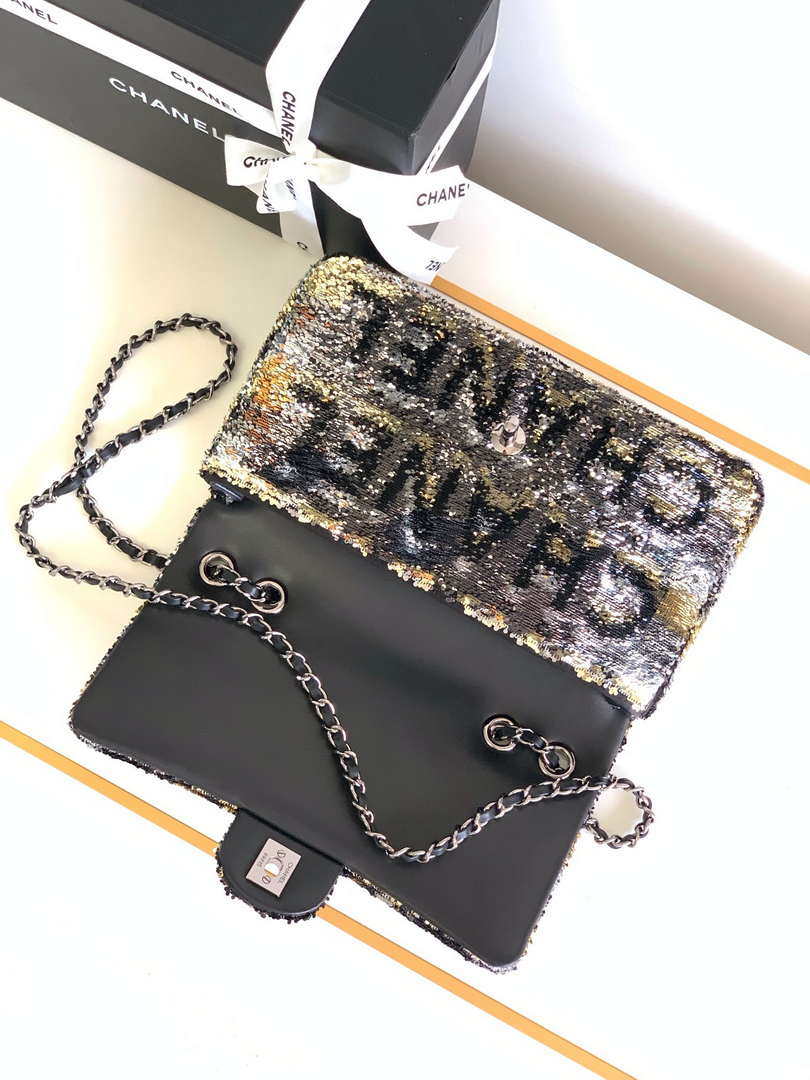 Chanel A01112 Flap Classic 11.12 Handbag 24S letter shape Black shiny sequin