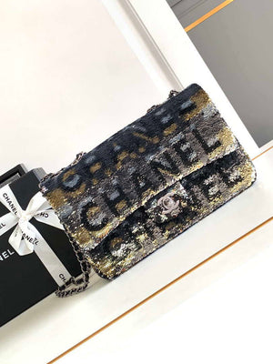 Chanel A01112 Flap Classic 11.12 Handbag 24S letter shape Black shiny sequin - Default Title - View 1