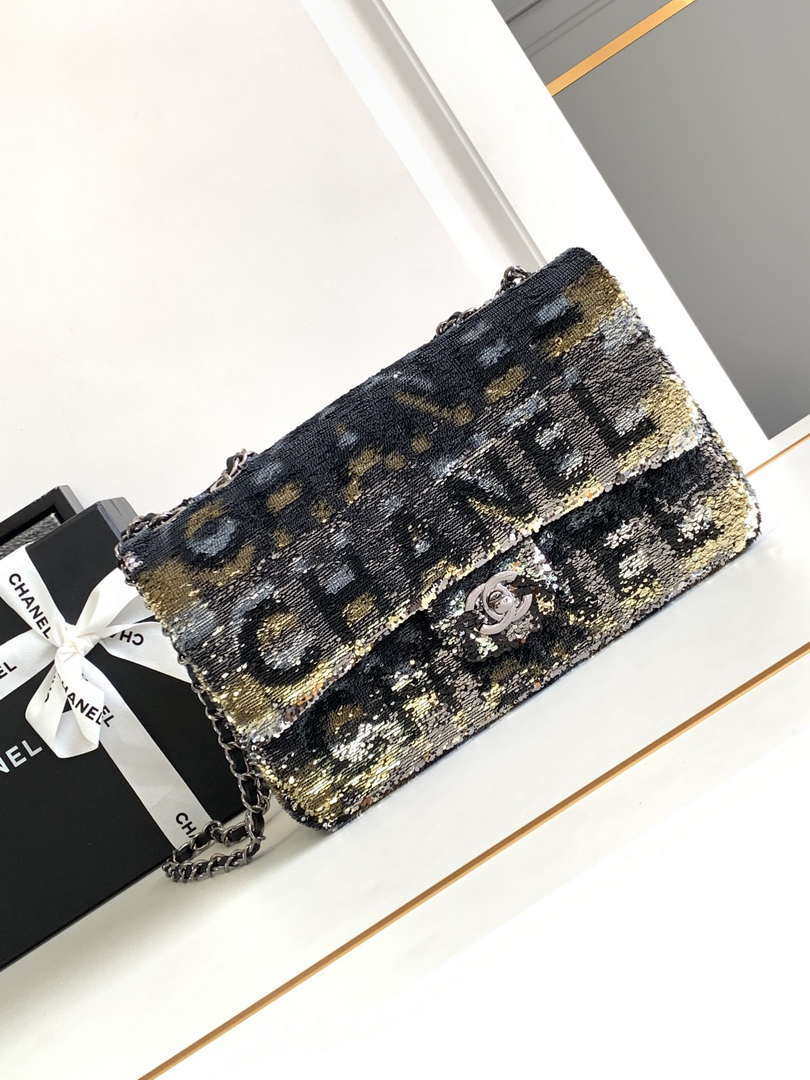 Chanel A01112 Flap Classic 11.12 Handbag 24S letter shape Black shiny sequin - Default Title - View 1