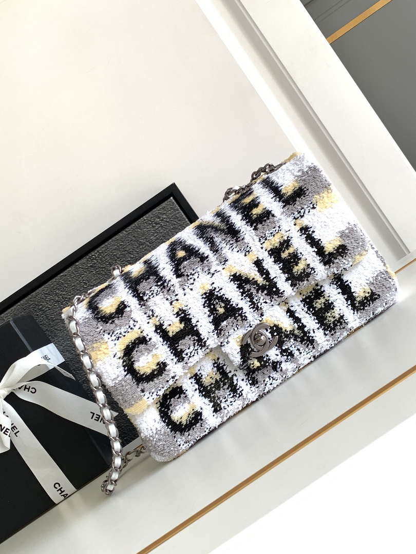 Chanel A01112 Flap Classic 11.12 Handbag 24S letter shape Silver shiny sequin