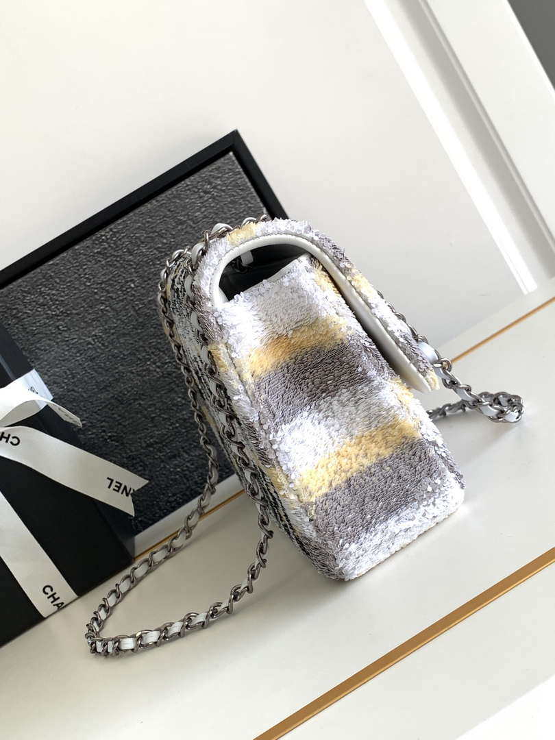 Chanel A01112 Flap Classic 11.12 Handbag 24S letter shape Silver shiny sequin