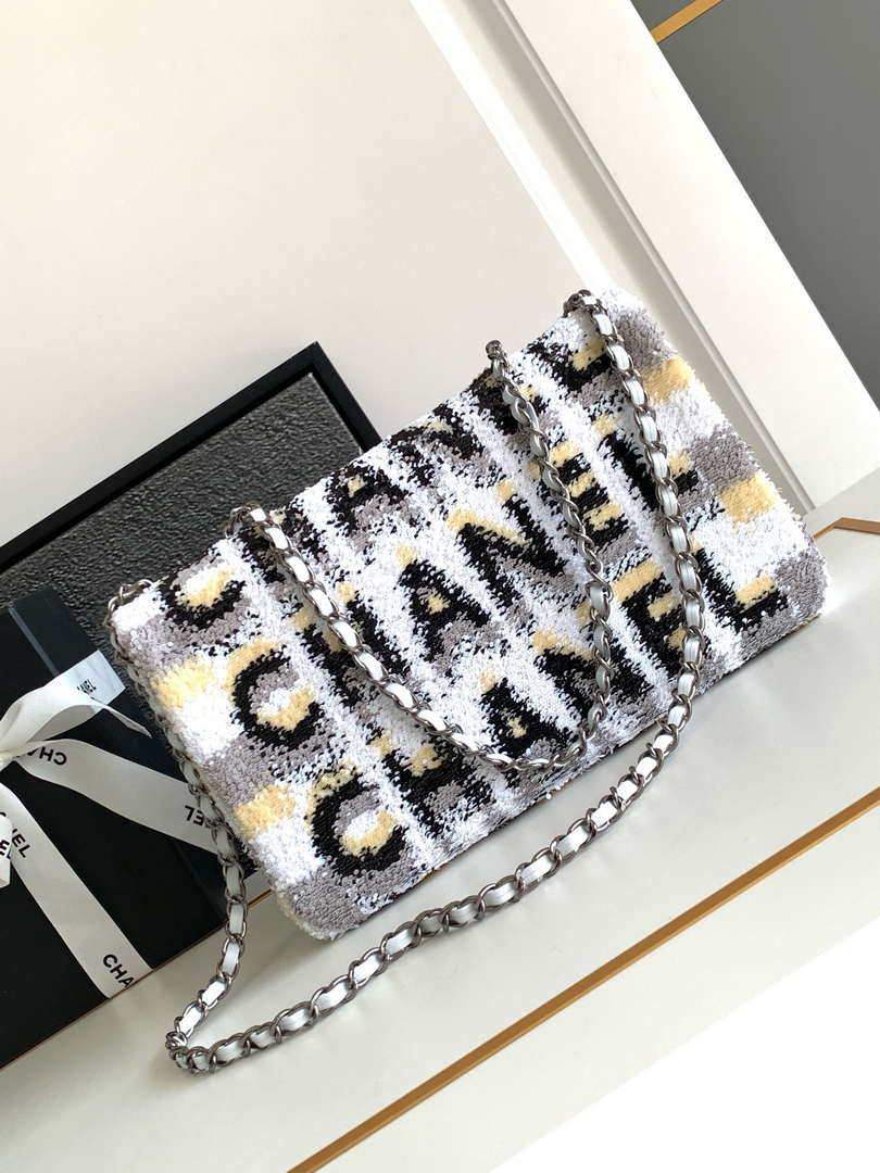 Chanel A01112 Flap Classic 11.12 Handbag 24S letter shape Silver shiny sequin