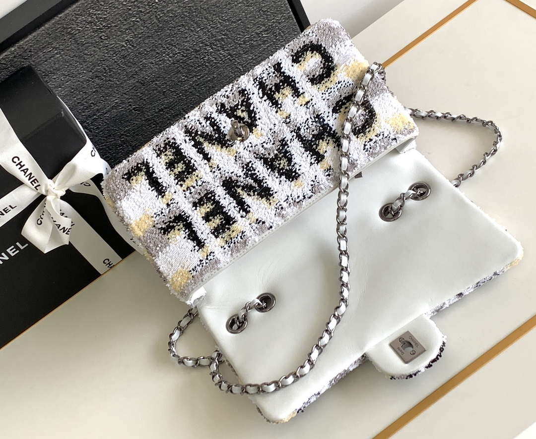 Chanel A01112 Flap Classic 11.12 Handbag 24S letter shape Silver shiny sequin