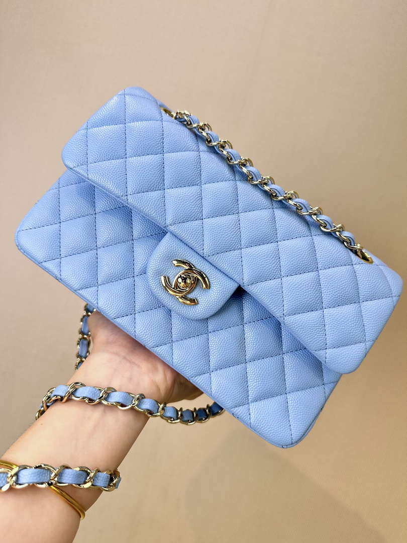 Chanel A01112 Flap Classic 11.12 Handbag Calfskin Gold Light Blue