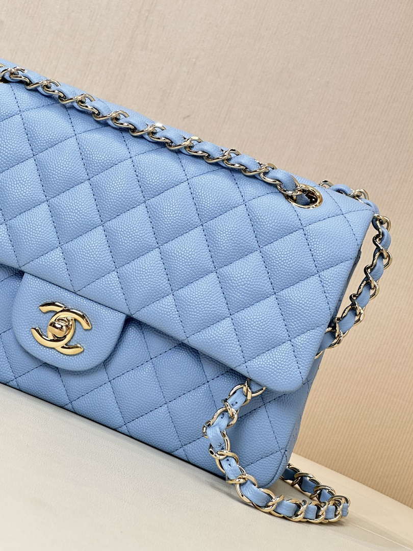 Chanel A01112 Flap Classic 11.12 Handbag Calfskin Gold Light Blue