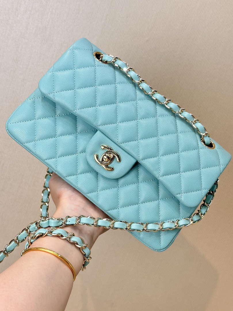 Chanel A01112 Flap Classic 11.12 Handbag Calfskin Gold Sky Blue