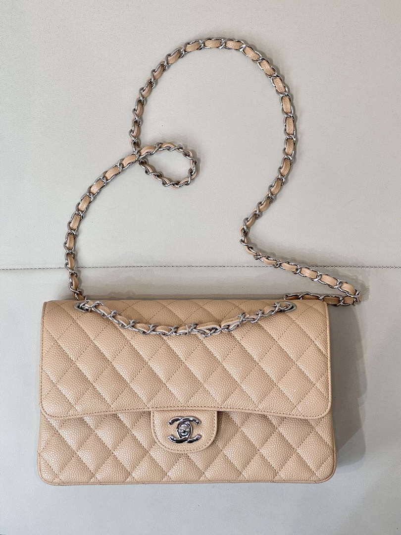 Chanel A01112 Flap Classic 11.12 Handbag Calfskin Sewing Edge Apricot