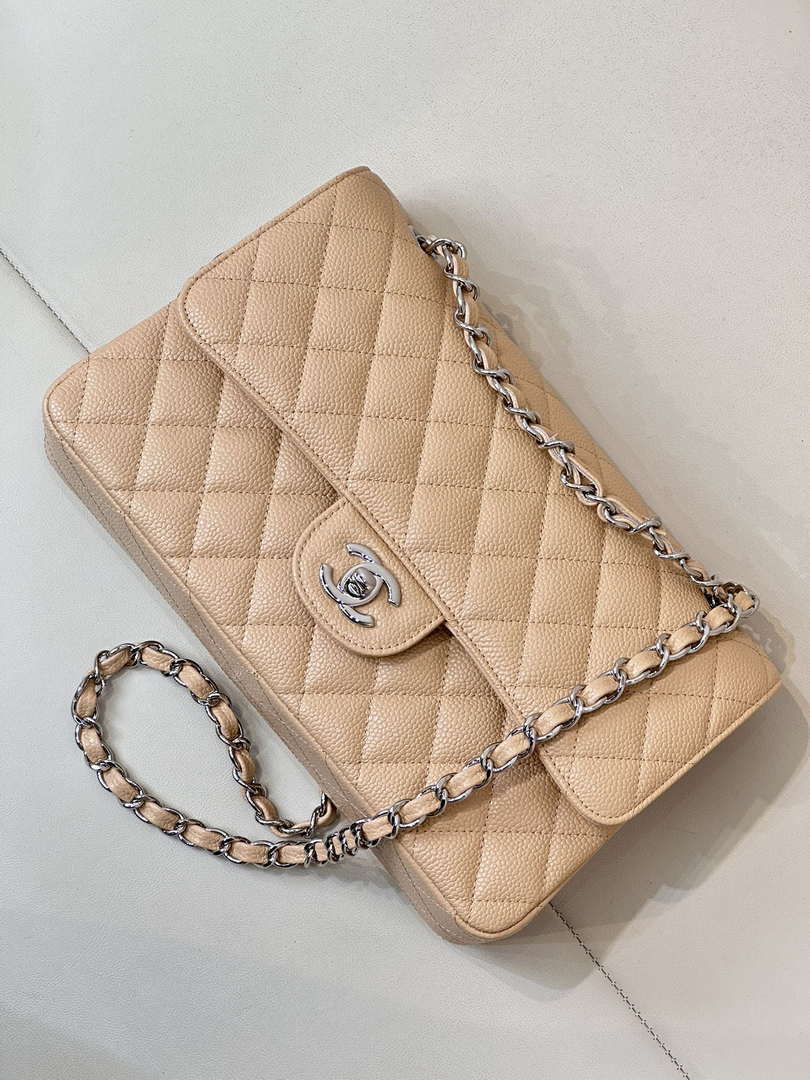 Chanel A01112 Flap Classic 11.12 Handbag Calfskin Sewing Edge Apricot
