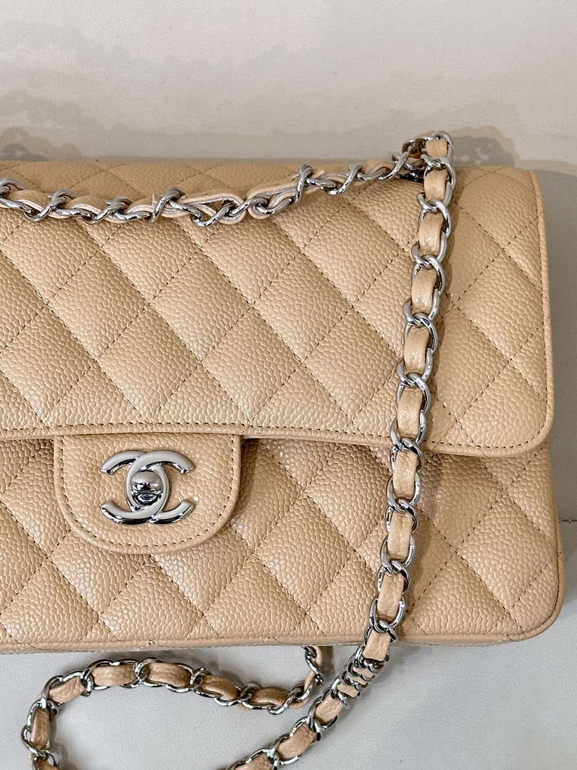Chanel A01112 Flap Classic 11.12 Handbag Calfskin Sewing Edge Apricot