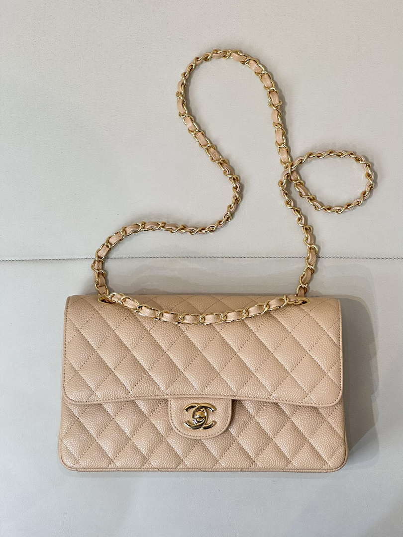 Chanel A01112 Flap Classic 11.12 Handbag Calfskin Sewing Edge Apricot