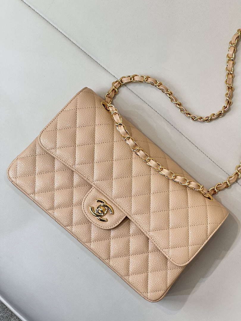 Chanel A01112 Flap Classic 11.12 Handbag Calfskin Sewing Edge Apricot