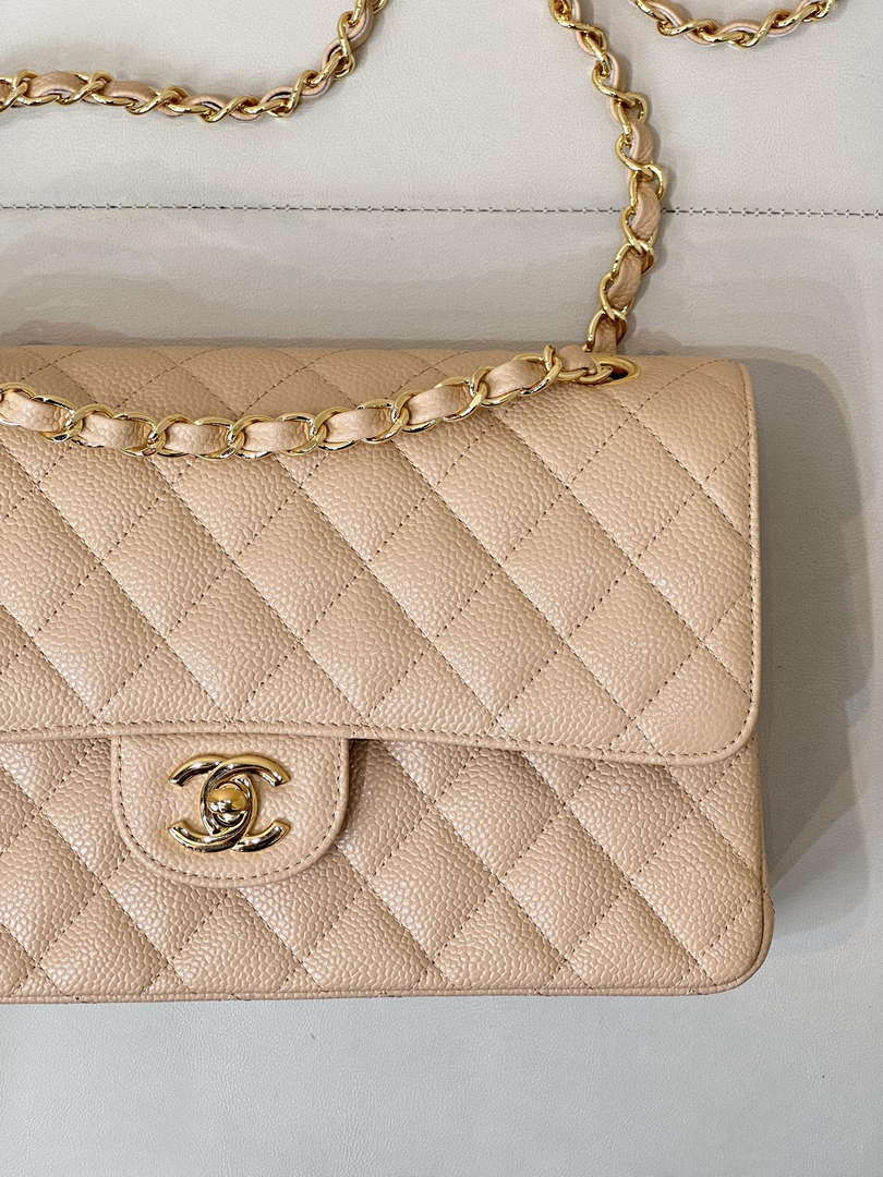 Chanel A01112 Flap Classic 11.12 Handbag Calfskin Sewing Edge Apricot