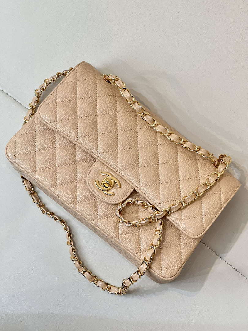 Chanel A01112 Flap Classic 11.12 Handbag Calfskin Sewing Edge Apricot